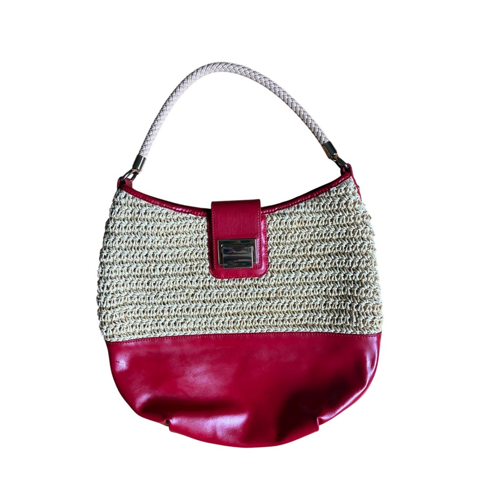 Talbots Red Faux Leather and Straw Woven Hobo Shoulder Bag with Rope Handle